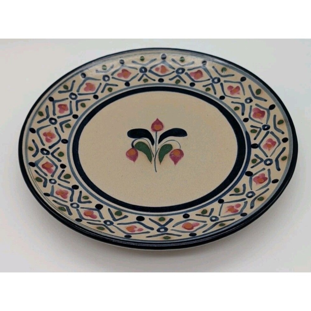 Hand Painted Studio Pottery Dinner Plate Signed Rafiki Floral